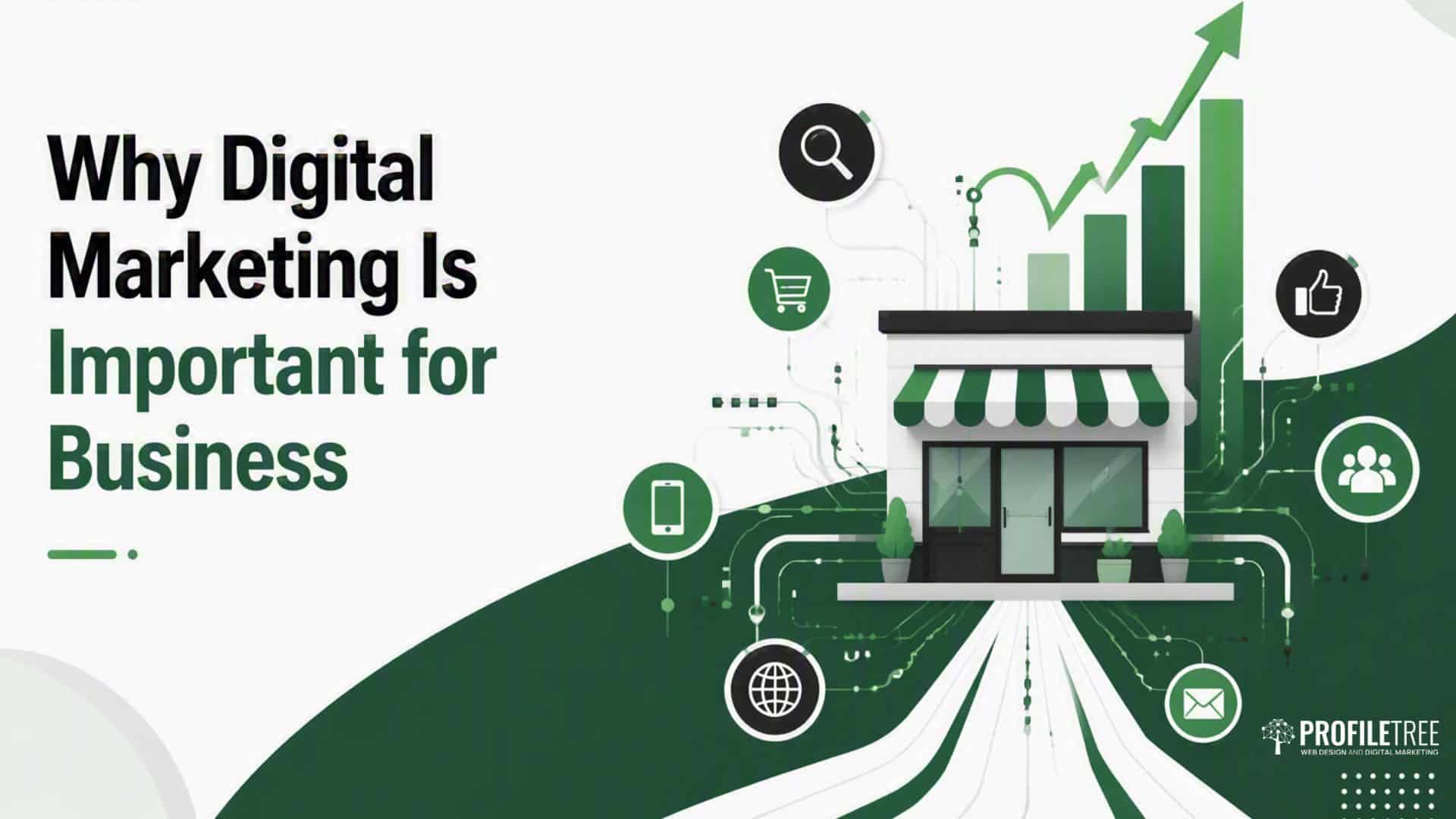 Graphic showing a shop surrounded by digital icons, charts, and arrows, with the text Why Digital Marketing in Business Is Important on the left. Green and white colour scheme. Profilertree logo at the bottom right.