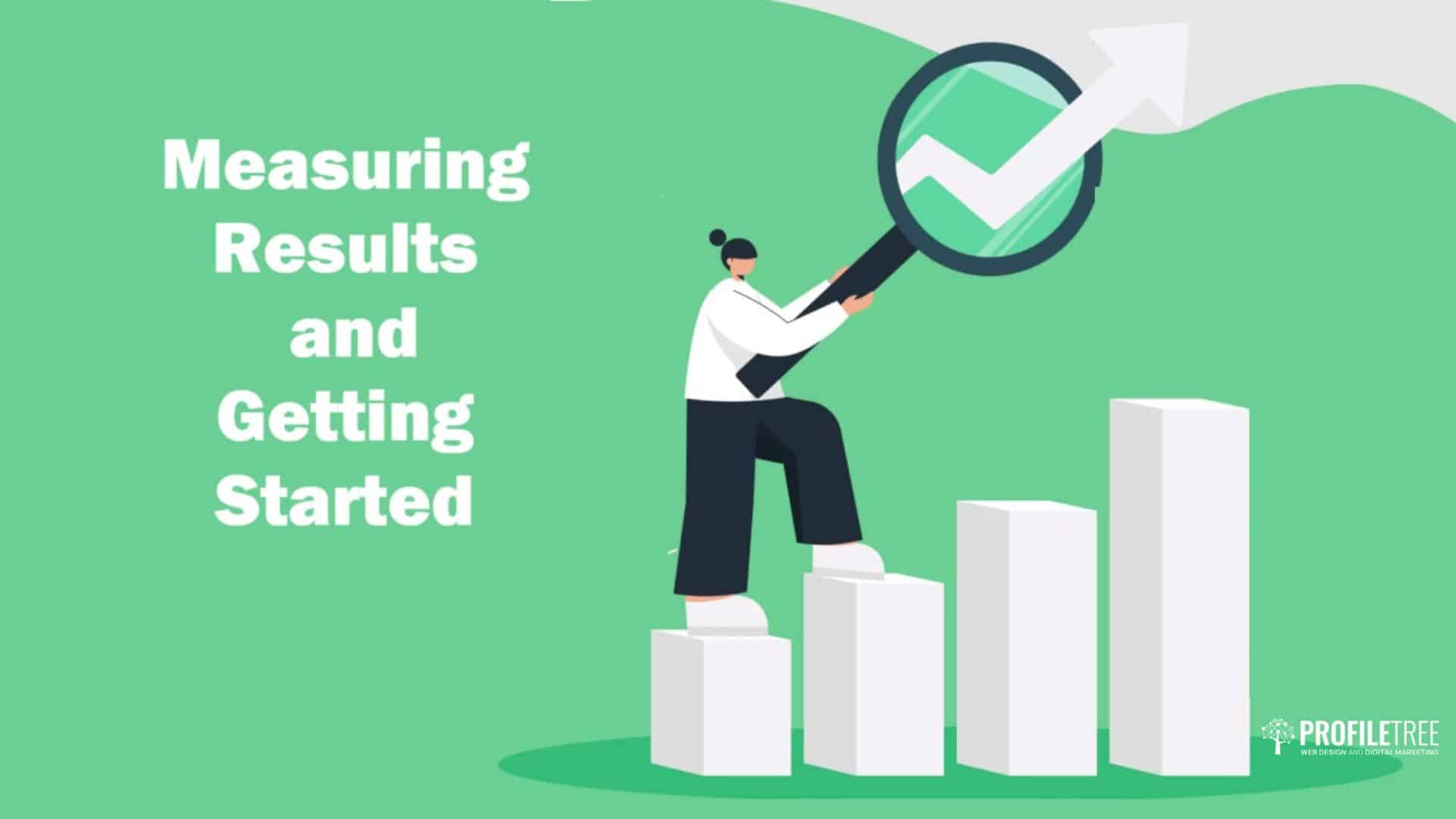 Illustration of a person standing on bar charts, holding a magnifying glass over an upward arrow—symbolising the importance of measuring results in digital marketing. Text reads, Measuring Results and Getting Started. Logo ProfileTree is in the bottom right corner. Green background.