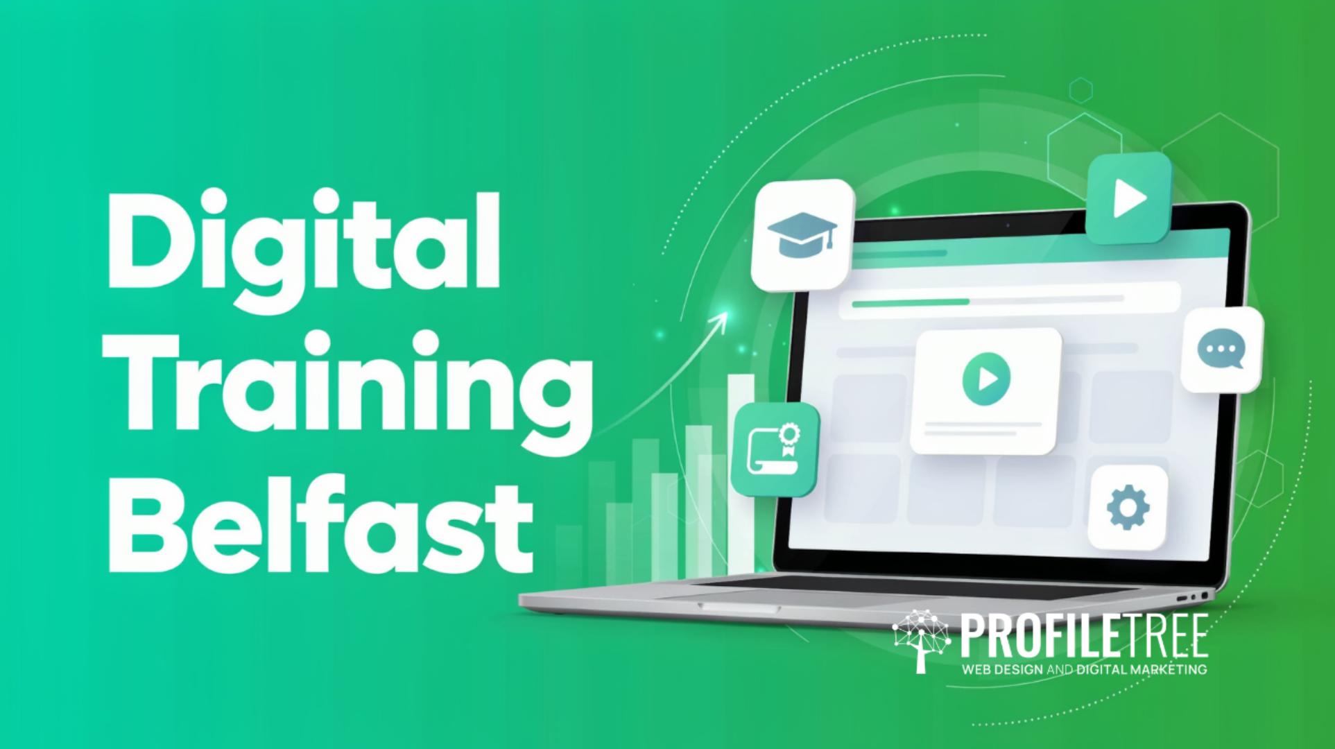 A laptop displays icons for video, a graduation cap, and a certificate, highlighting the theme of Digital Training Belfast. The background features the ProfileTree logo and a bar graph, emphasising Belfast’s commitment to advanced digital training solutions.