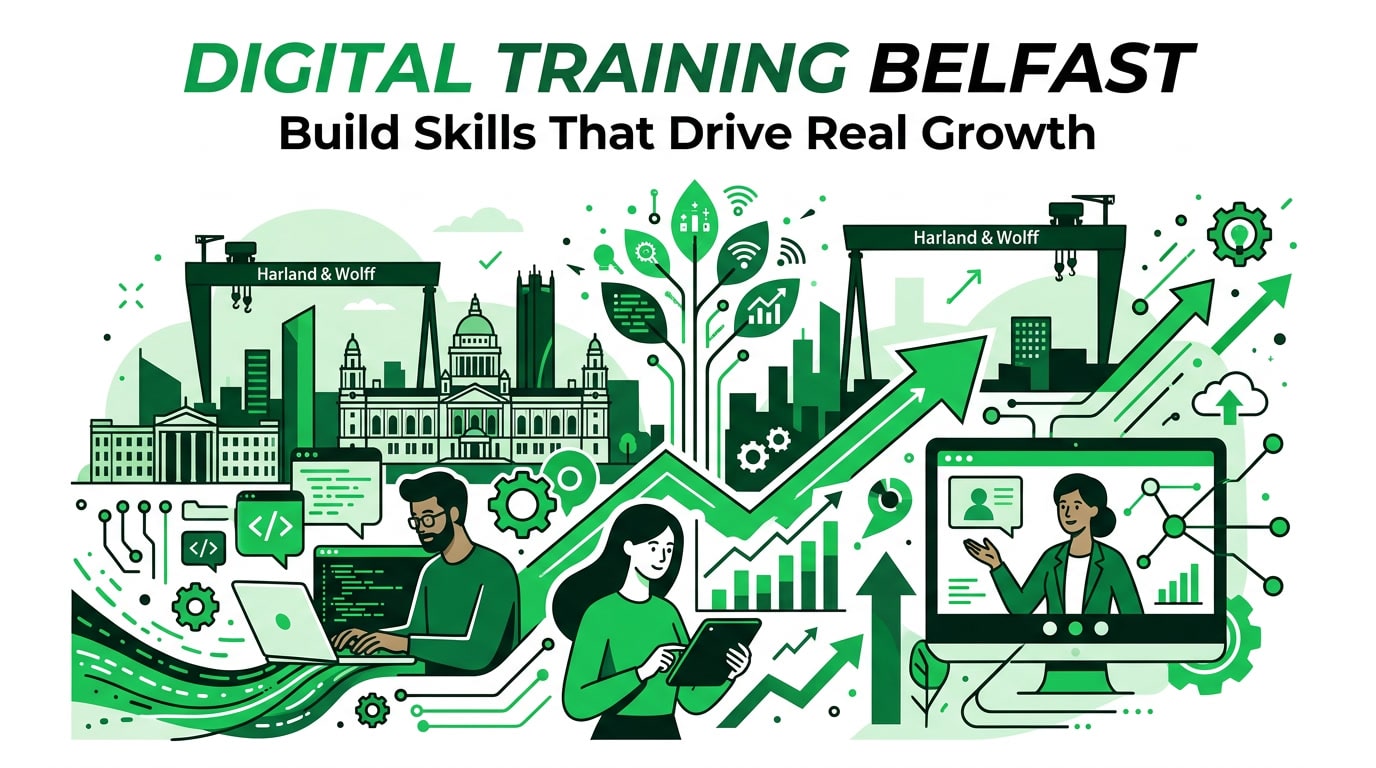 Illustration for Digital Training Belfast showing people using laptops and tablets, charts, and city landmarks. Green growth icons and arrows from Digital Training symbolise skill development and progress.