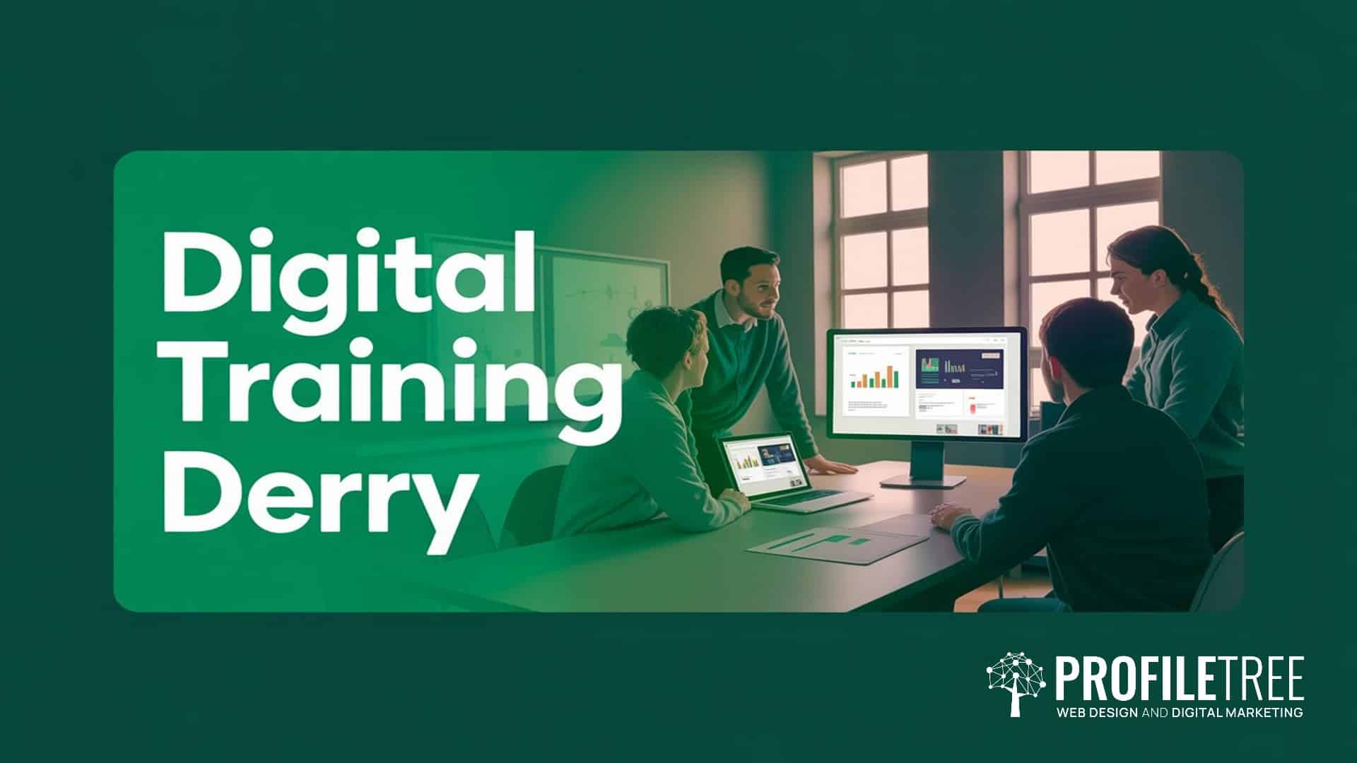 Four people sit around a table with laptops, engaging in digital training as a monitor displays charts. Large text reads Digital Training Derry, highlighting the focus on high-quality training sessions. The ProfileTree logo is in the lower right corner. Digital Training Derry, Practical Skills for Teams