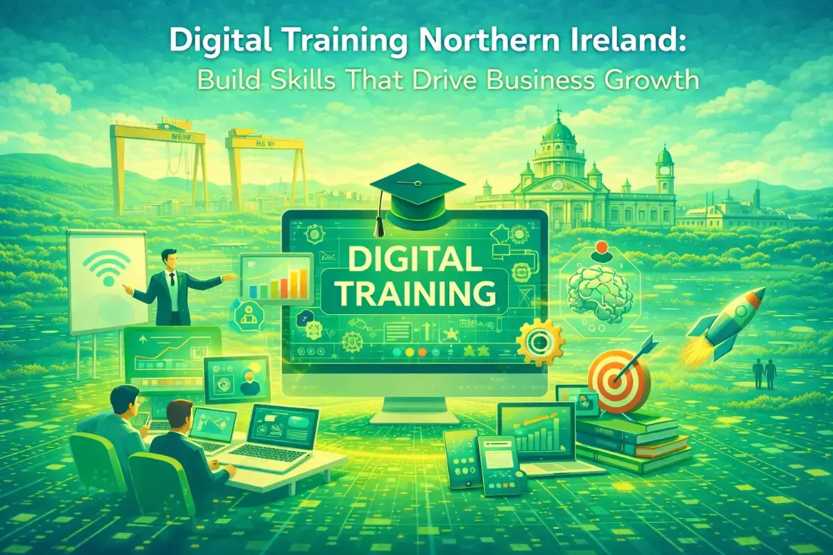 Illustration of people using computers, charts, and digital devices with Digital Training on a large screen. Background shows Northern Ireland landmarks, highlighting the region’s unique character. Text reads: Digital Training Northern Ireland: Build Skills That Drive Business Growth—empowering Northern Ireland business professionals through expert-led digital training.