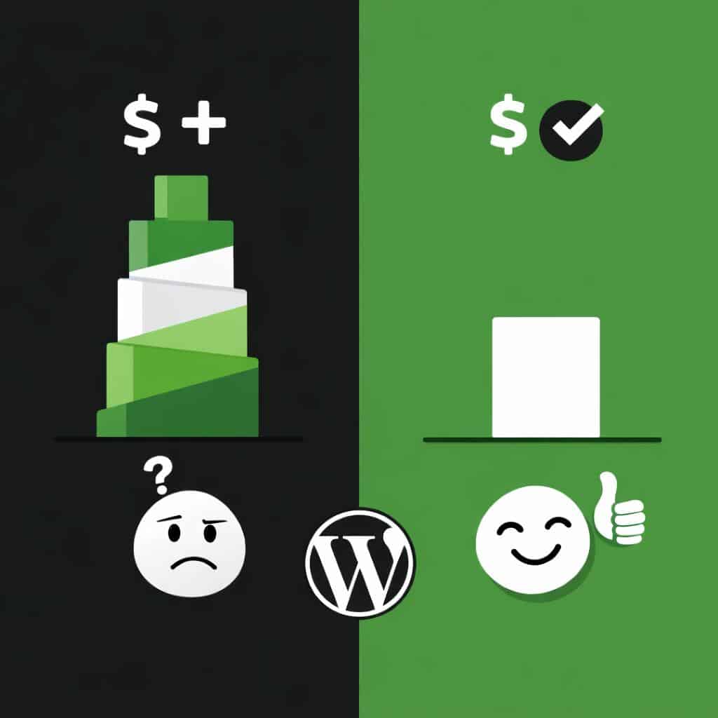 A split image shows rising costs and a sad face on the left, and low cost with a happy face and thumbs up on the right, centred around the WordPress Website Builder logo.