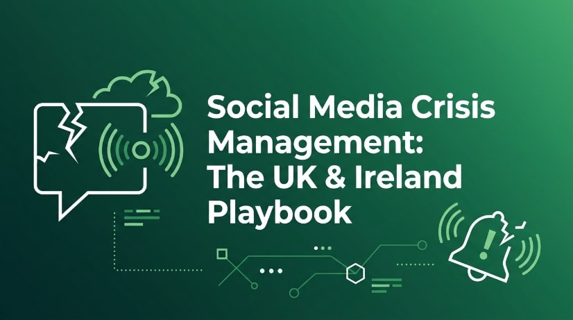 Green background with white icons of a broken chat bubble, cloud, and alert bell. Text reads: Social Media Crisis Management: The UK & Ireland Playbook. Digital network elements are in the design, emphasising the importance of effective social media strategies for marketing and communication during a crisis.