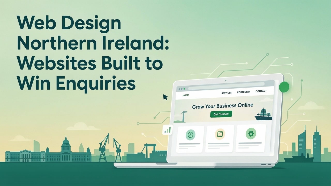 Web design Northern Ireland website with a green gradient and Belfast skyline, promoting enquiry-focused website design.