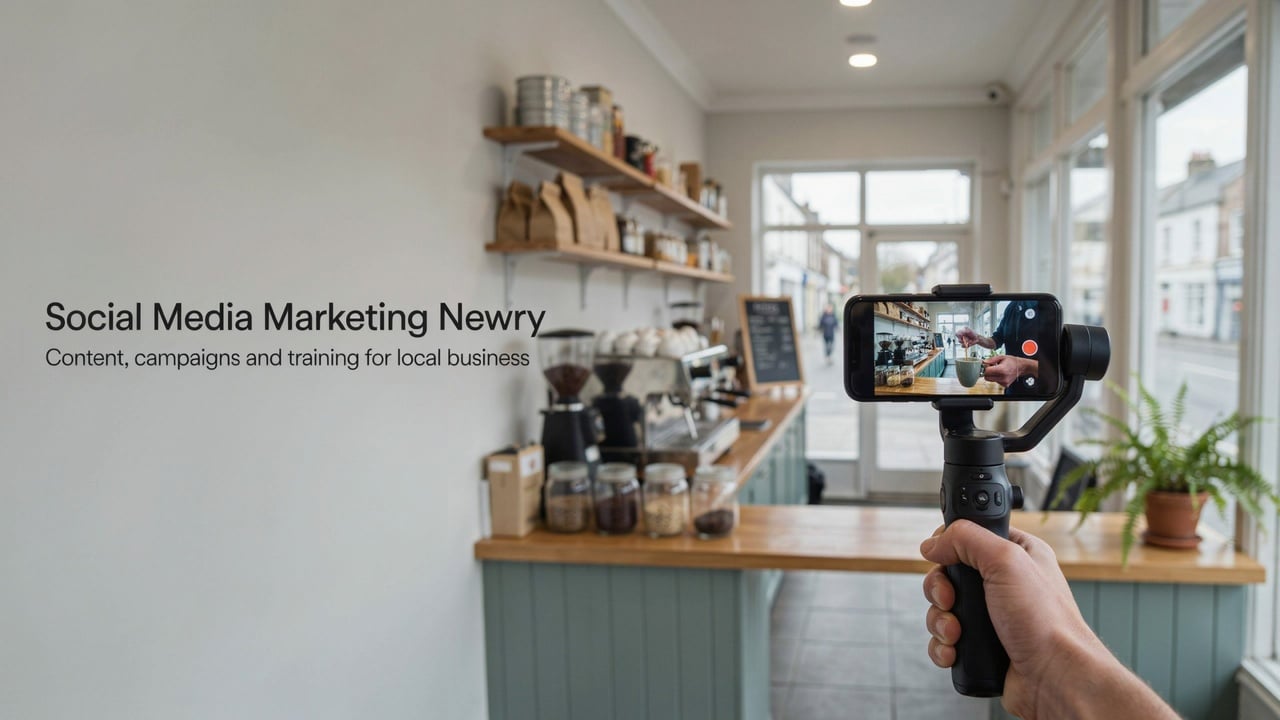 Social media marketing Newry: smartphone on a gimbal filming vertical video inside a local independent shop