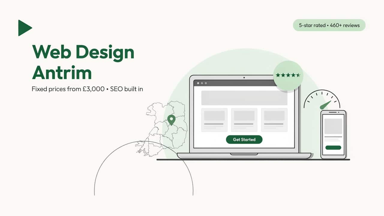 Web design Antrim illustration showing a laptop with a website layout, County Antrim map pin and 5-star rating badge