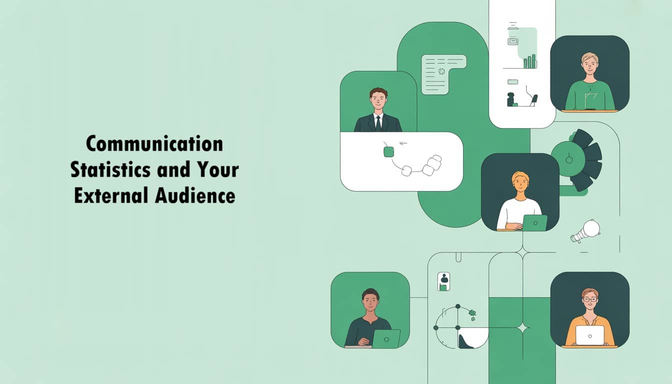 Illustration of five people using laptops, phones, and tablets, connected by lines and icons. Text on the left reads, Communication Statistics and Your External Audience—perfect for showcasing workplace communication data. Light green background.