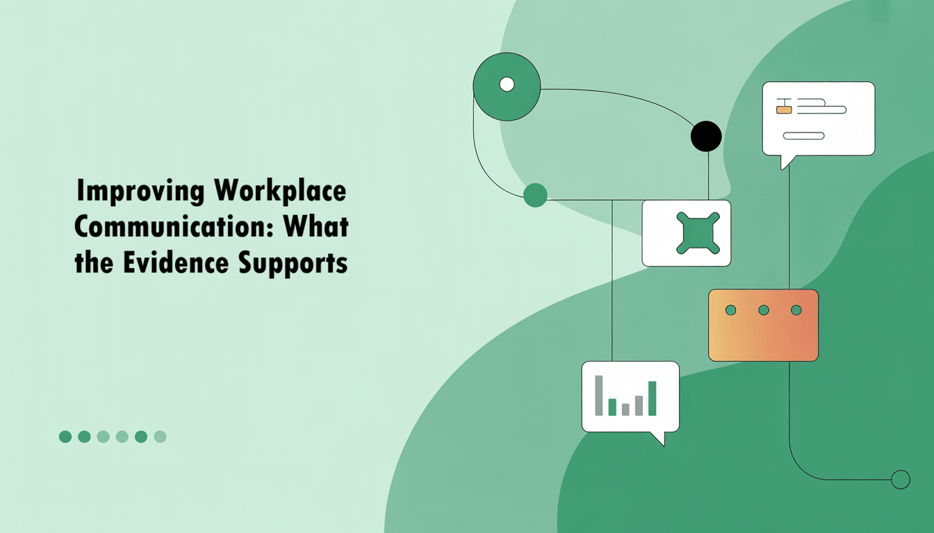 A graphic titled Improving Workplace Communication: What the Evidence Supports features abstract speech bubbles, charts, and connecting lines on a green background, highlighting important workplace communication statistics.