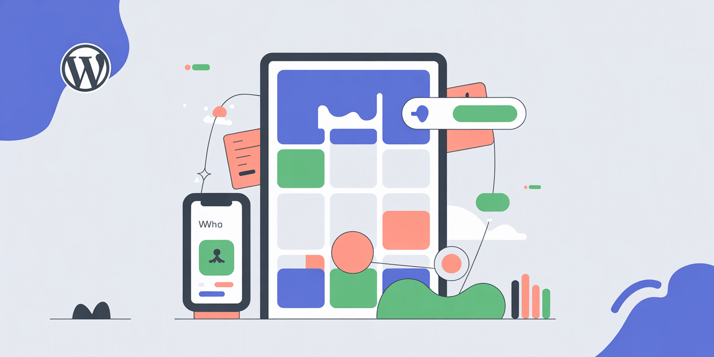 Illustration of a mobile-friendly WordPress website interface with a smartphone and computer screen, colourful blocks, icons, charts, and floating graphic elements representing website design and user interaction. WordPress logo in the top left corner.