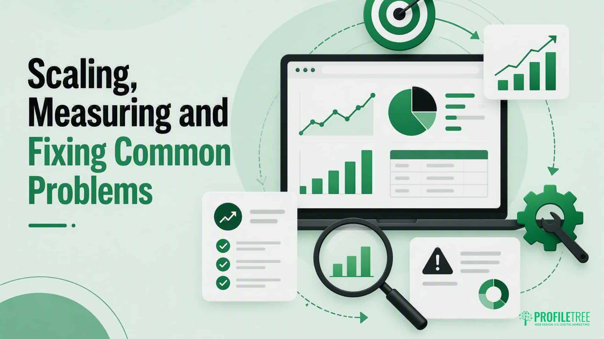 Laptop screen shows graphs and charts—perfect for tracking ecommerce sales. Surrounding icons include a target, checklist, magnifying glass, and gears. Text reads: Scaling, Measuring and Fixing Common Problems. Green and white colour scheme reflects the precision needed for optimising Facebook Ads.