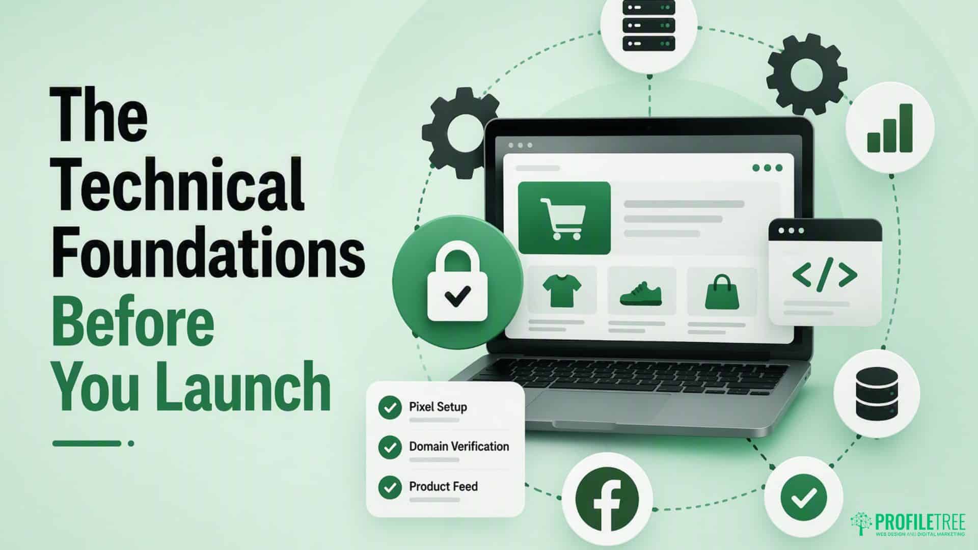 A laptop with online shopping icons, checklist items for pixel setup, domain verification, and product feed, and the text: The Technical Foundations Before You Launch. Social and security icons are also shown—a must-have overview for ecommerce businesses preparing to boost ecommerce sales or launch successful Facebook Ads campaigns.