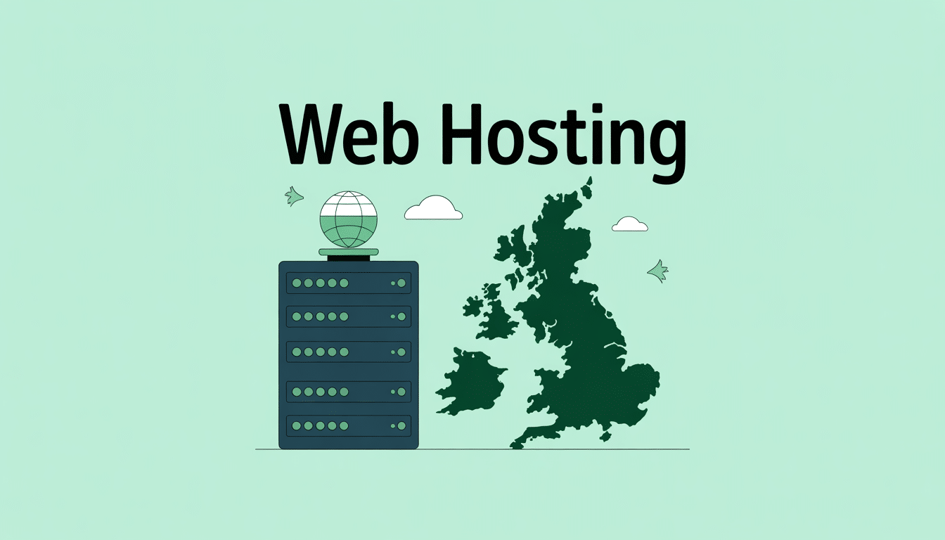Illustration of a server and a globe next to a map of the United Kingdom, with the words Local Web Hosting above, on a light green background featuring small clouds and birds.