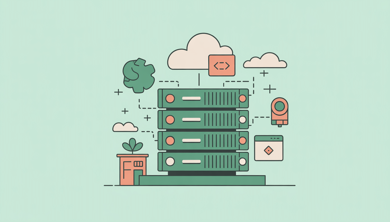 Illustration of server racks connected to cloud storage, a plant, a gear, and digital icons, symbolising cloud computing, hosting, and data management on a light green background.