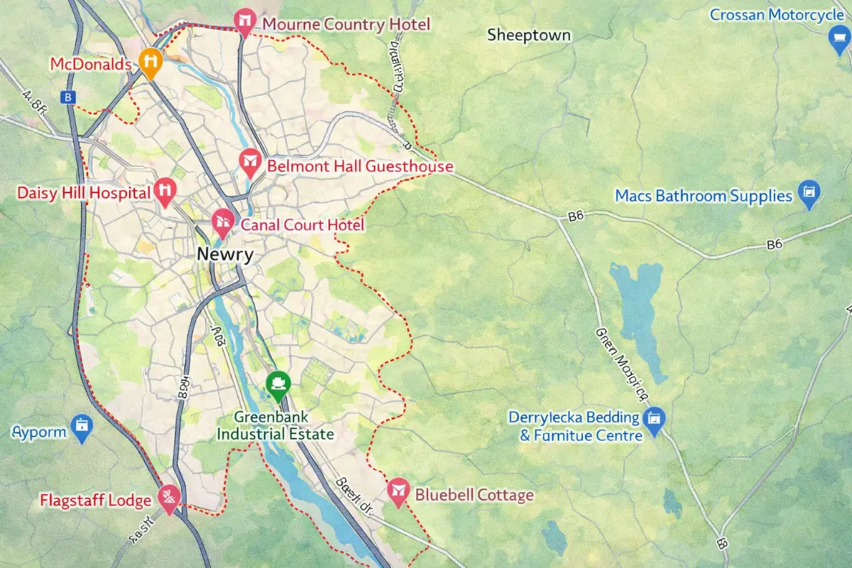 Web Design Newry: Building Websites That Work Across Two Markets. A map of Newry, Northern Ireland, highlighting roads, rivers, hotels, shops, and a hospital. The city is outlined in red with labelled businesses—ideal for visitors or those seeking web design services in the Newry area.