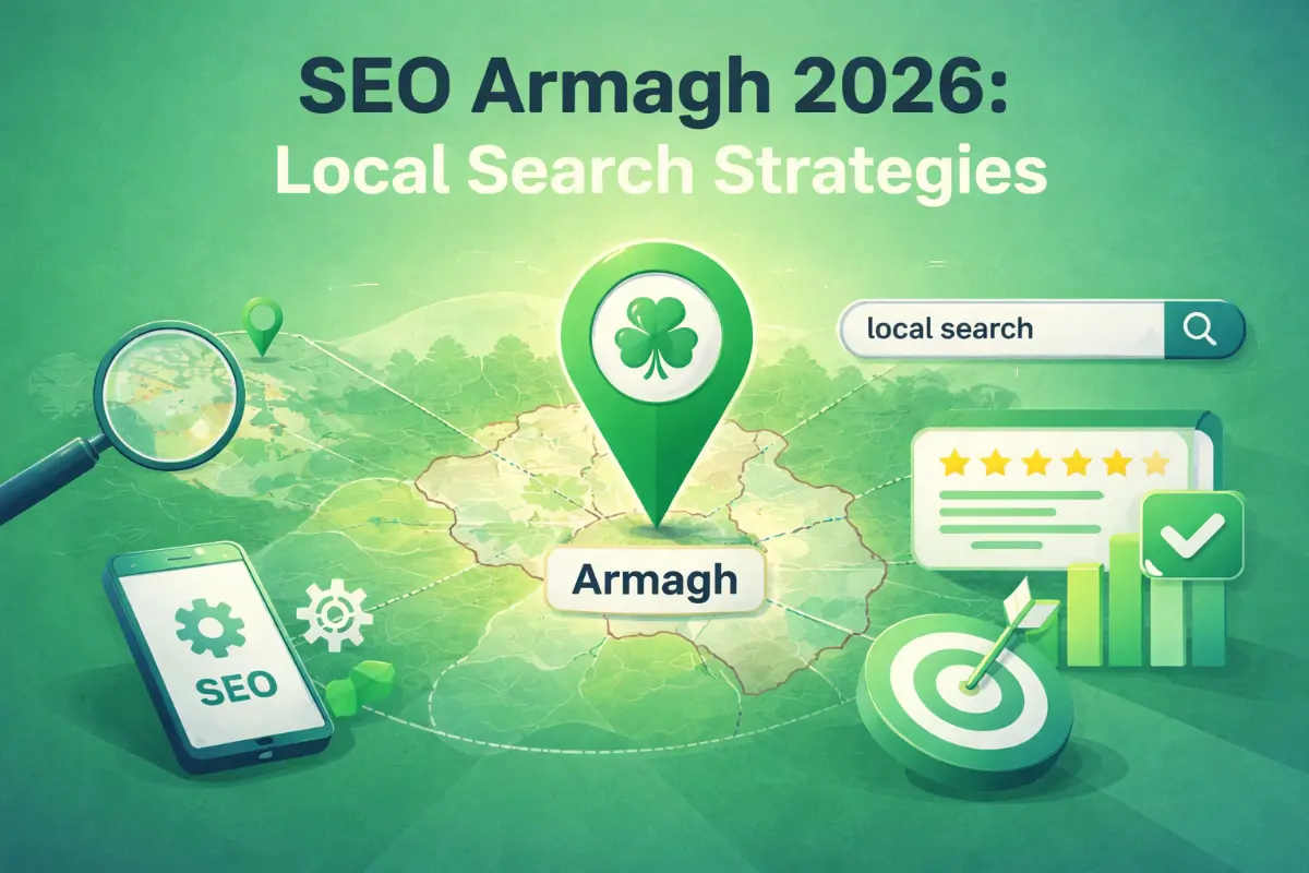 A green-themed graphic highlights SEO Armagh 2026: Local Search Strategies, featuring icons for SEO, reviews, growth, a map pin on Armagh, a search bar, and a target—all set against a detailed map background to emphasise the importance of effective SEO in the Armagh area.