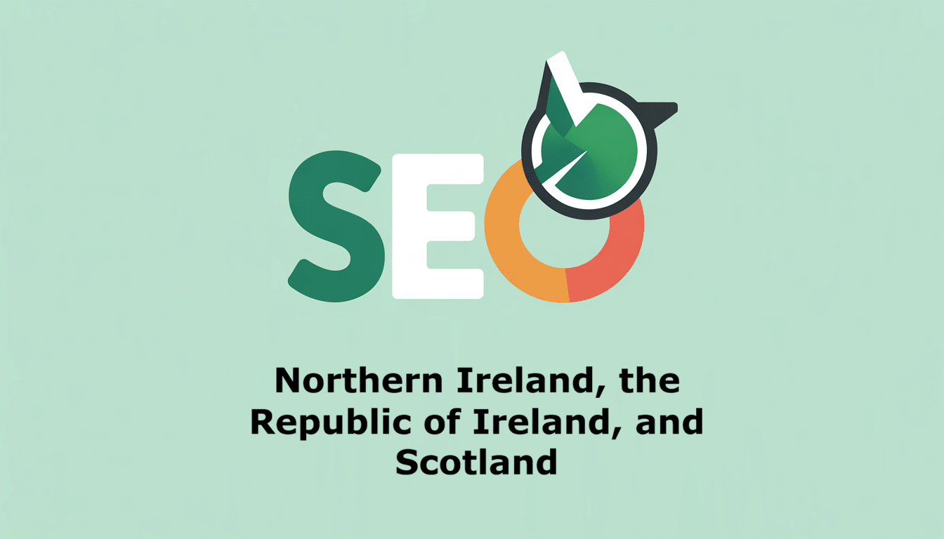 The image shows the text “SEO” with a magnifying glass graphic over the letter “O”, and below it, “Northern Ireland, the Republic of Ireland, and Scotland” on a light green background—perfect for illustrating SEO for car dealerships.