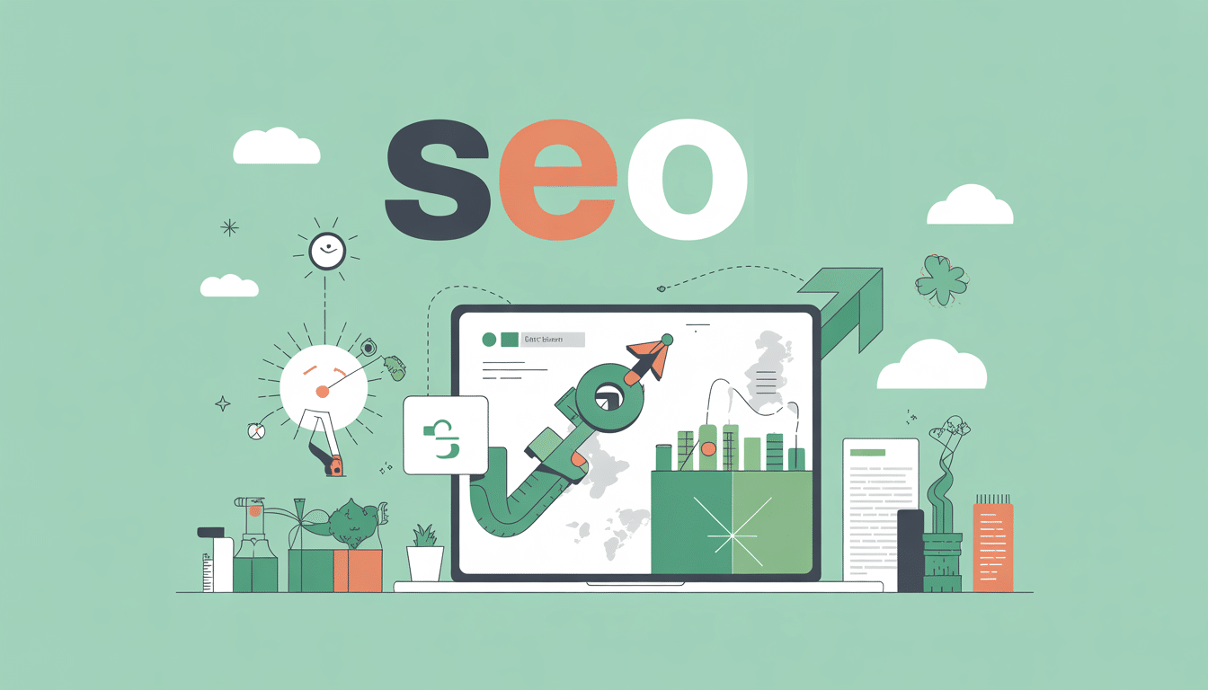 Illustration of the word SEO above a laptop displaying graphs, charts, and growth symbols, representing SEO for car dealerships and analytics, with plants and clouds in the background.