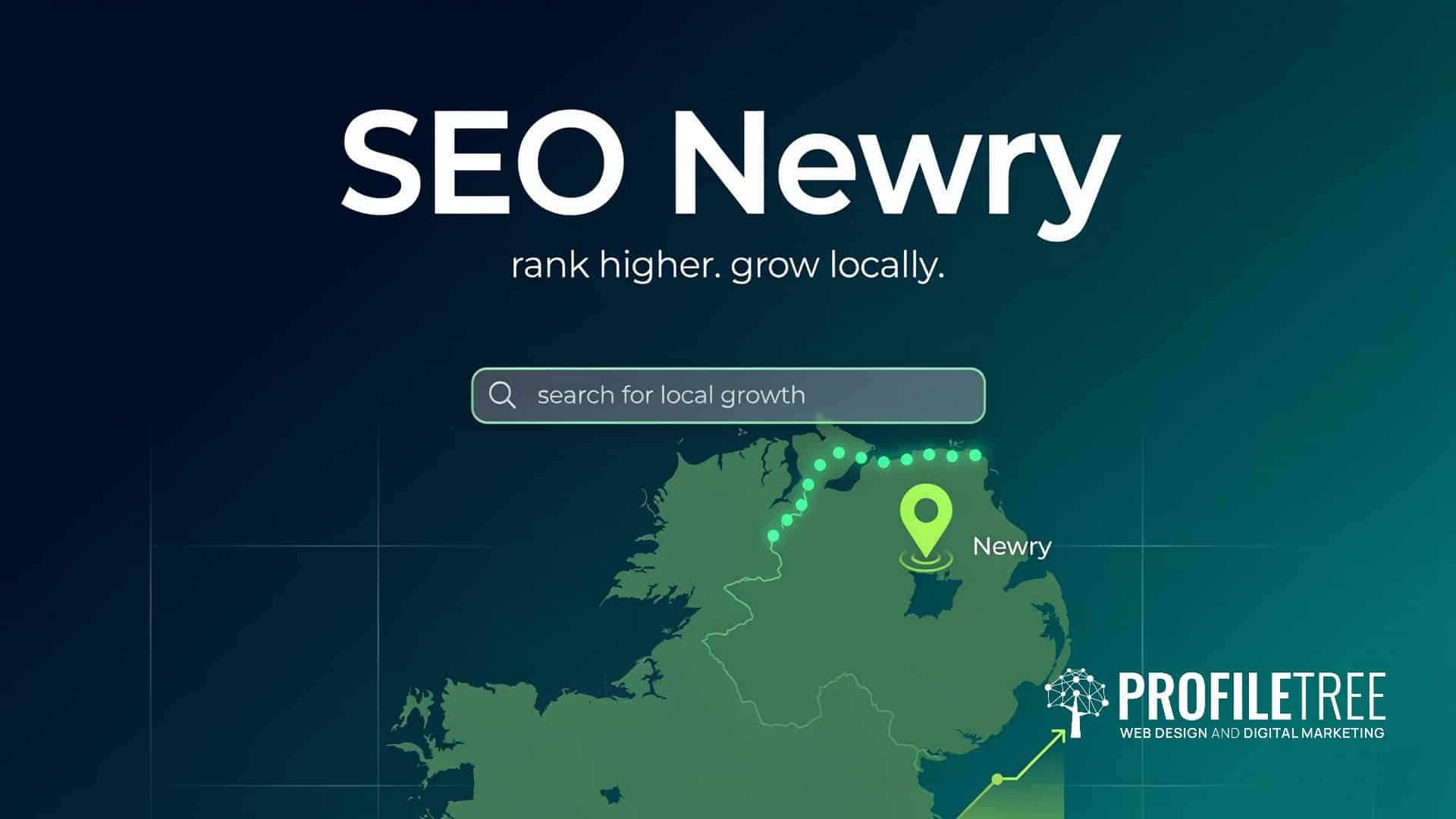 Map highlighting Newry, Northern Ireland, with the text SEO Newry—rank higher and grow locally. A search bar and the ProfileTree web design and digital marketing logo are visible, emphasising expert SEO services tailored for businesses in Newry.
