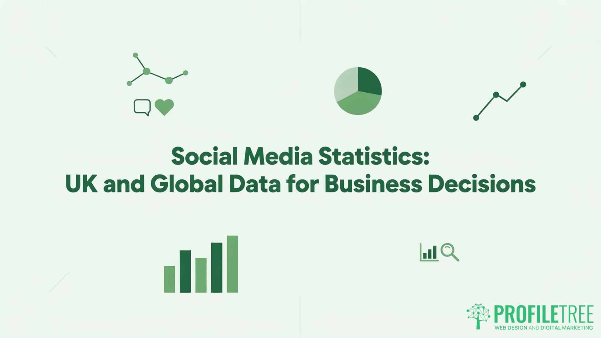 Social Media Statistics, UK and Global Data for Business Decisions. Green and white graphic with charts and icons, featuring the text: Social Media Statistics: UK and Global Data for Business Decisions. Includes insights into Facebook trends among other social media platforms. ProfileTree logo in the bottom right corner.