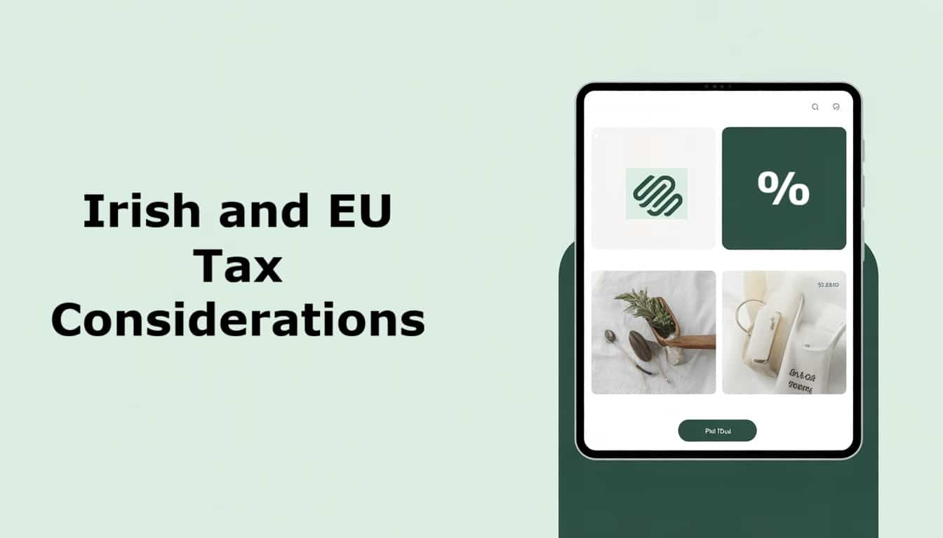 A tablet displaying various icons and items sits on a green stand. Next to it, the text reads: Irish and EU Tax Considerations for your Squarespace Ecommerce Website on a light green background.