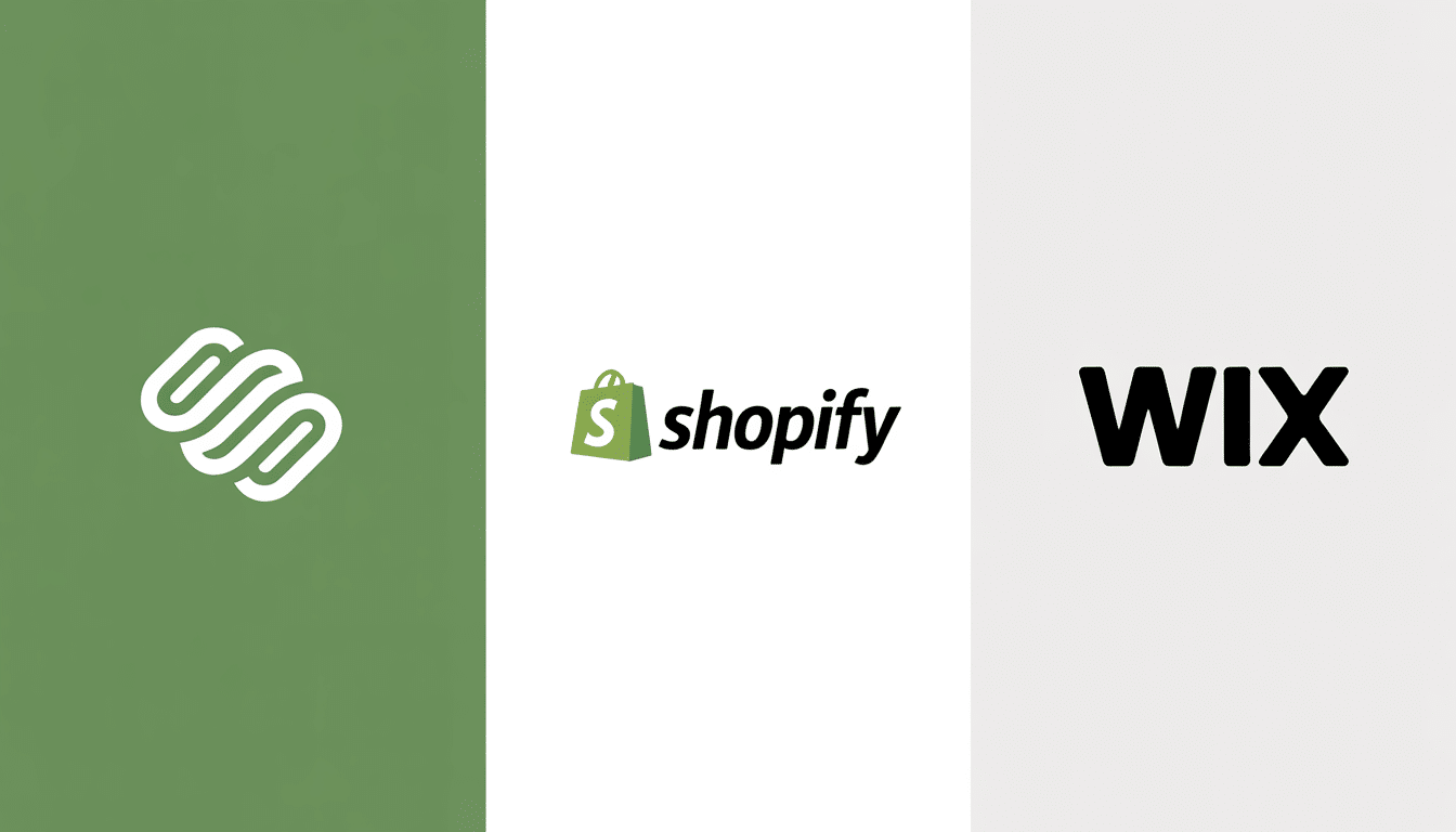 Logos of three website platforms: a Squarespace website logo on a green background, Shopify with its green shopping bag icon on white, and Wix in bold black letters on light grey.