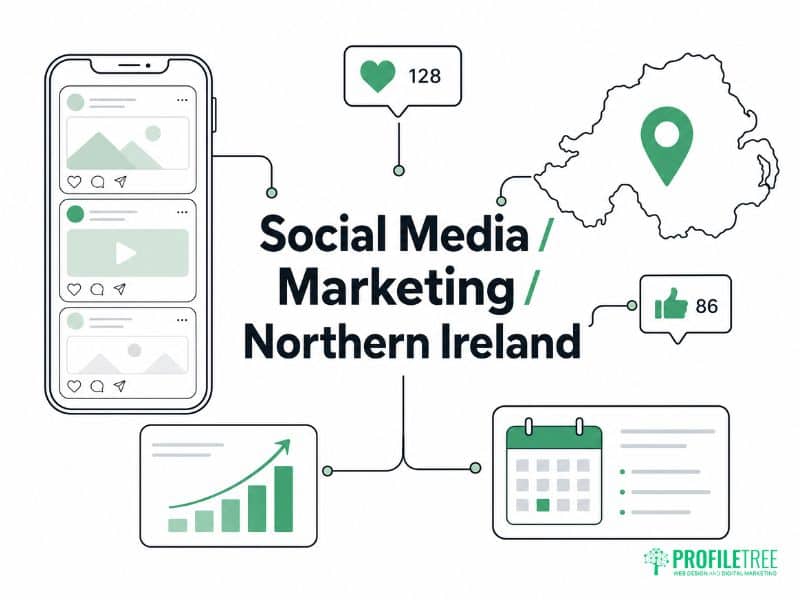 Vector illustration of social media marketing Northern Ireland with phone feed, map pin and engagement icons