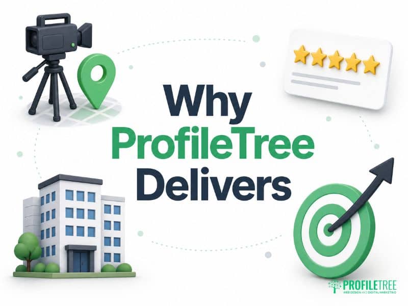 Why choose ProfileTree for social media marketing Northern Ireland, with video, rating and results icons
