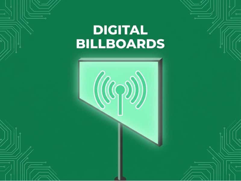 Isometric illustration representing digital billboard advertising with a glowing LED screen on a pole