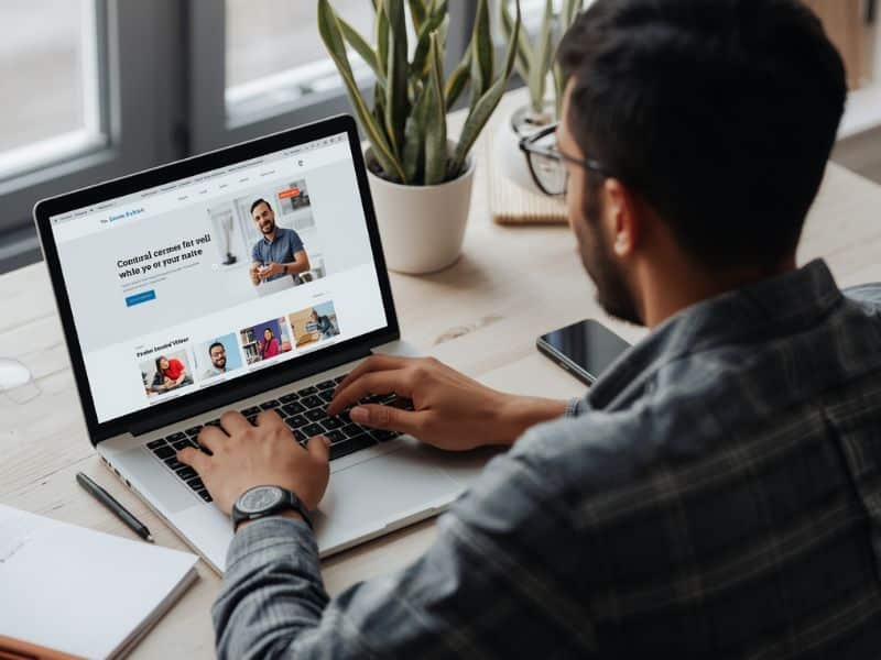 Small business owner reviewing their genuine website on a laptop in a Belfast office