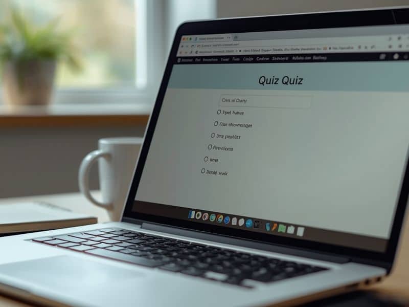 Interactive content marketing quiz displayed on a laptop screen in a professional workspace setting