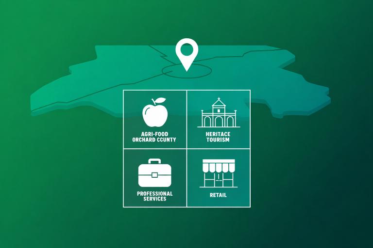 Stylised map background with a location pin above four icons labelled: Agri-Food Orchard County, Heritage Tourism, Professional Services, and Retail—each symbolising key industries, ideal for web design projects.