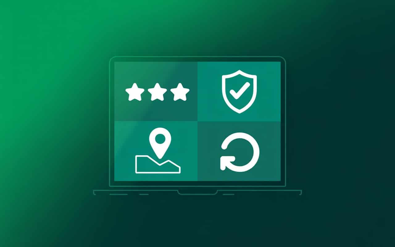 A laptop screen displays four icons—four stars, a security shield with a tick, a location pin on a map, and a circular arrow—symbolising key elements in modern web design, all set against a green gradient background.