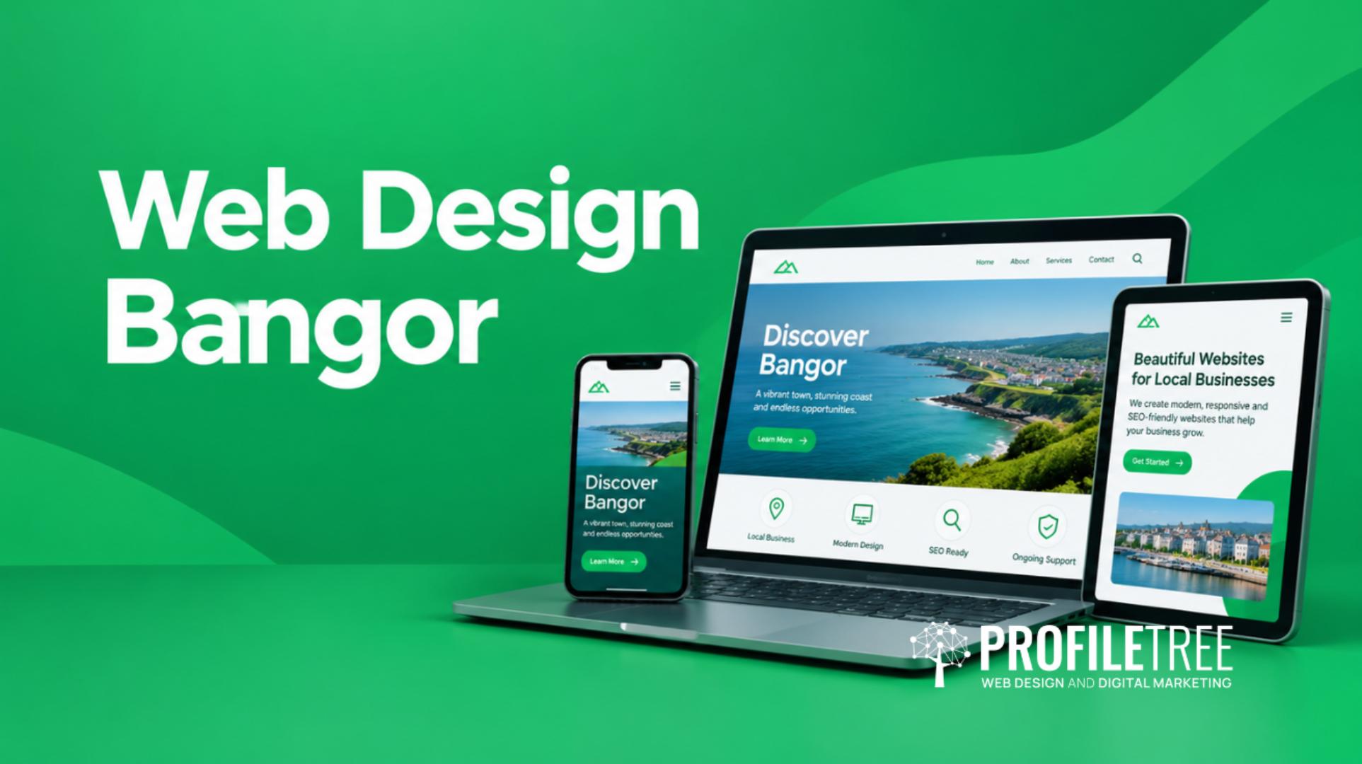 Green-themed advert for Web Design Bangor, featuring a laptop, mobile, and tablet showcasing a scenic website. Text proudly displays Web Design Bangor and PROFILETREE Web Design and Digital Marketing—your trusted partner for web design in Bangor.