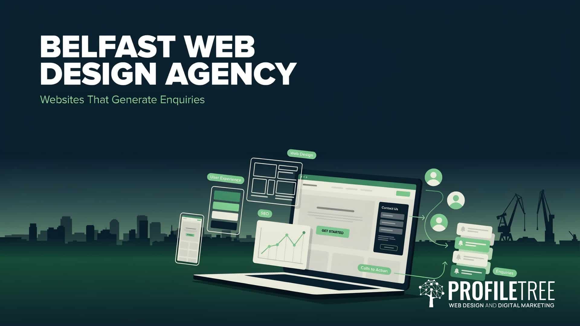 A digital graphic for ProfileTree, a leading Web Design Belfast agency, featuring a laptop, web design elements, and chat icons on a dark green background with cityscape silhouettes.