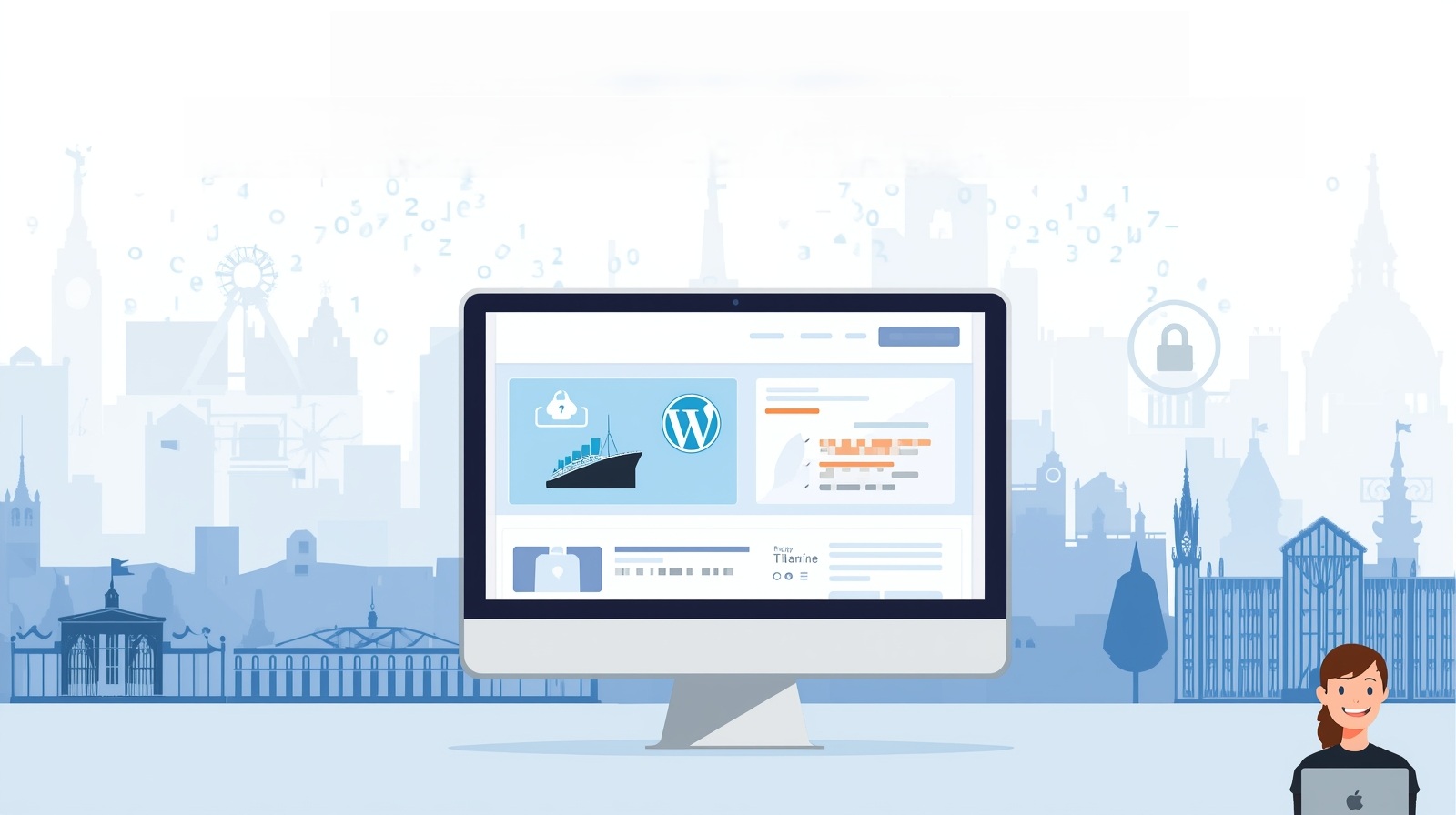 A computer monitor displays website design elements and a WordPress logo against a blue cityscape background with digital icons, highlighting web hosting services. A smiling person with a laptop appears in the lower right corner.