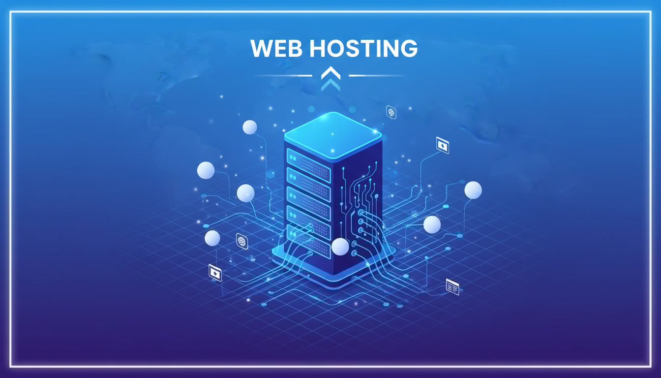 A glowing server tower surrounded by digital icons and lines representing data connections, under the text Web Hosting, showcases advanced web hosting services on a blue, futuristic background.
