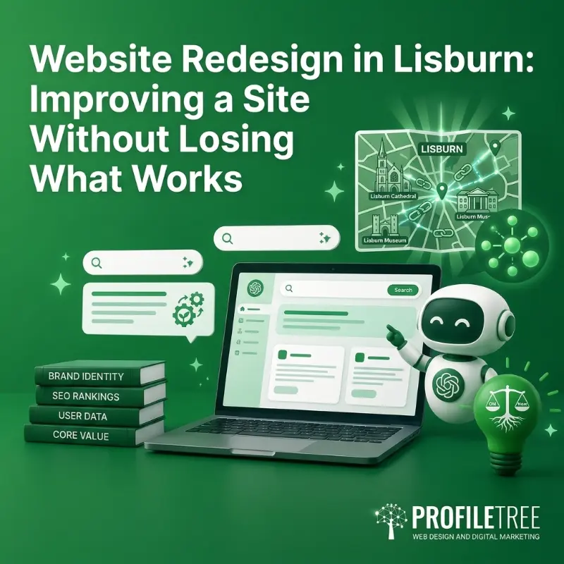 A laptop, chatbot, and webpage icons with text: Website Redesign in Lisburn: Improving a Site Without Losing What Works. Brand, SEO, user data, Lisburn map, and ProfileTree logo also appear. Featuring a striking green colour theme, this visual highlights expert web design Lisburn services focused on elevating your online presence while retaining core strengths.