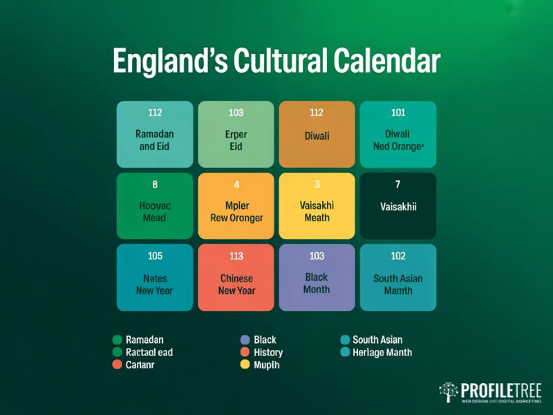 Flat vector cultural calendar graphic showing key community dates within England's Cultural Landscape for campaign planning