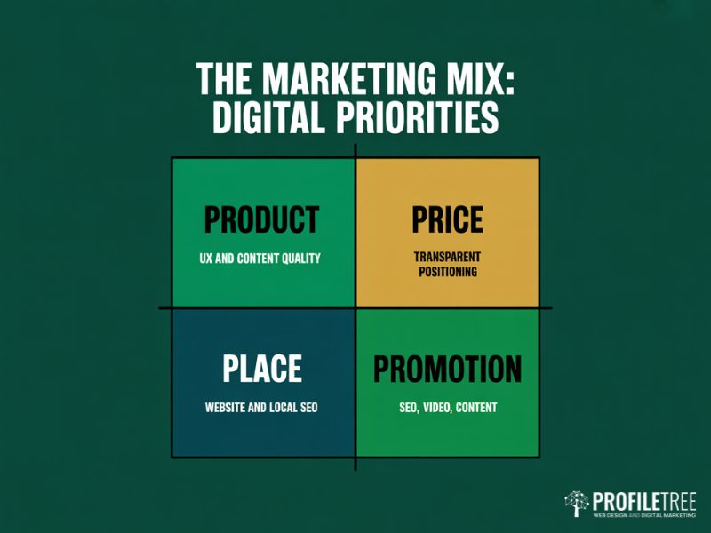 Flat vector four-quadrant diagram mapping the traditional marketing mix of product, price, place and promotion to their digital business strategy priorities