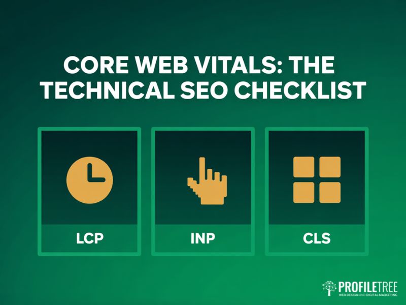 Flat vector checklist of Core Web Vitals for technical SEO techniques including LCP, INP and CLS