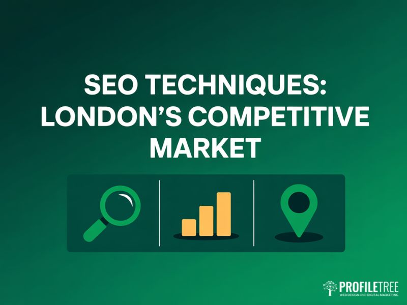 Flat vector graphic illustrating SEO techniques for London's competitive digital market