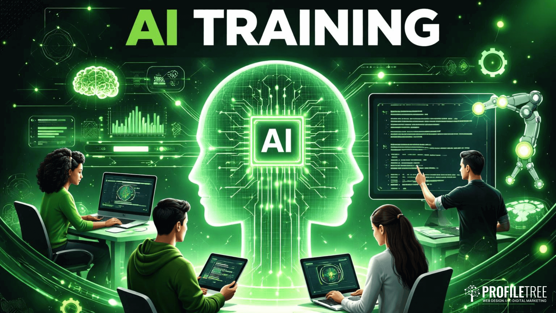 People sitting at desks with laptops, surrounded by digital screens and AI-related graphics, focus on AI training as a large glowing human head silhouette with "AI" in the centre highlights the words AI TRAINING above.