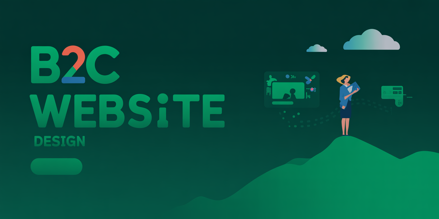 A graphic with the text “B2C Website Design.” On the right, a person stands on a hill holding a laptop, looking up at icons of websites, clouds, and digital elements—perfectly capturing the vision of a leading website design agency.