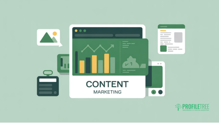 Illustration of charts, graphs, and digital content elements surrounding the text Content Marketing on a green background, highlighting online marketing strategies and tools used in top Content Marketing Services.
