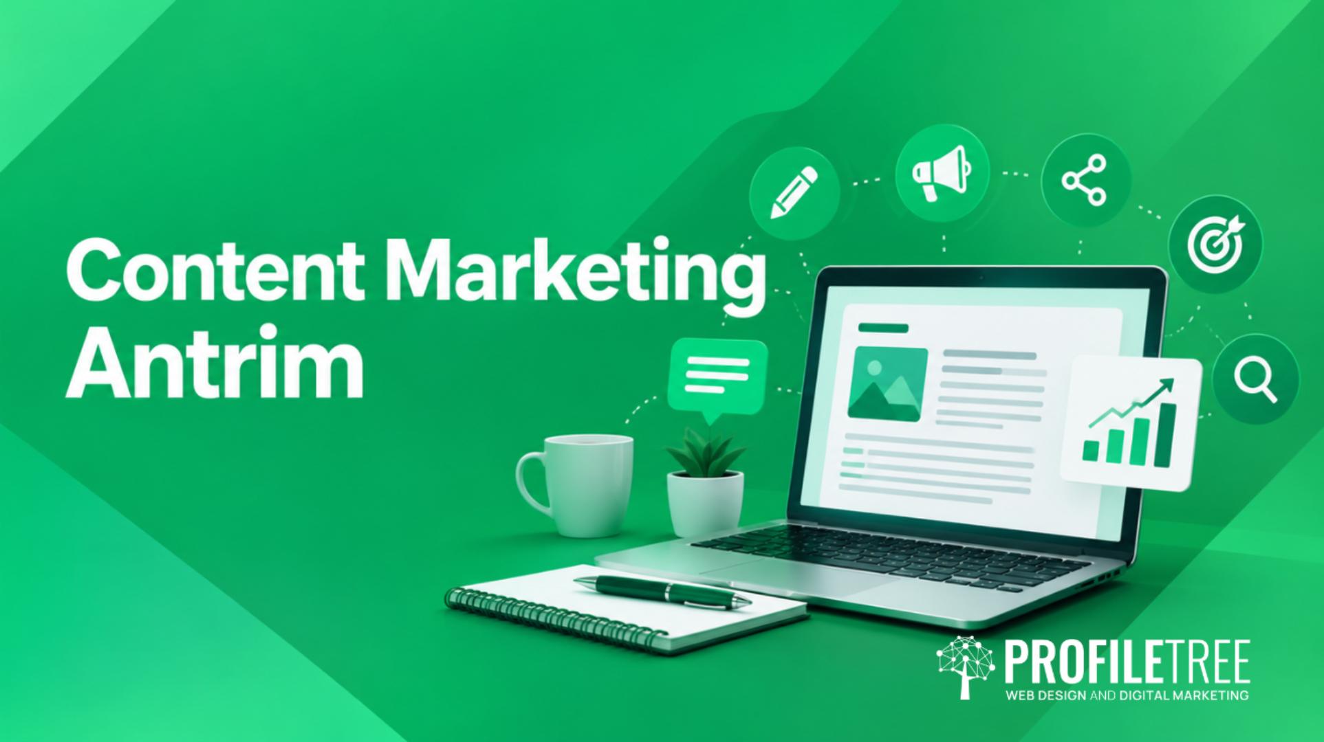 A laptop, notebook, and pen on a green background with text Content Marketing Antrim and digital marketing icons highlight the importance of effective content marketing strategies. The ProfileTree logo is in the corner.