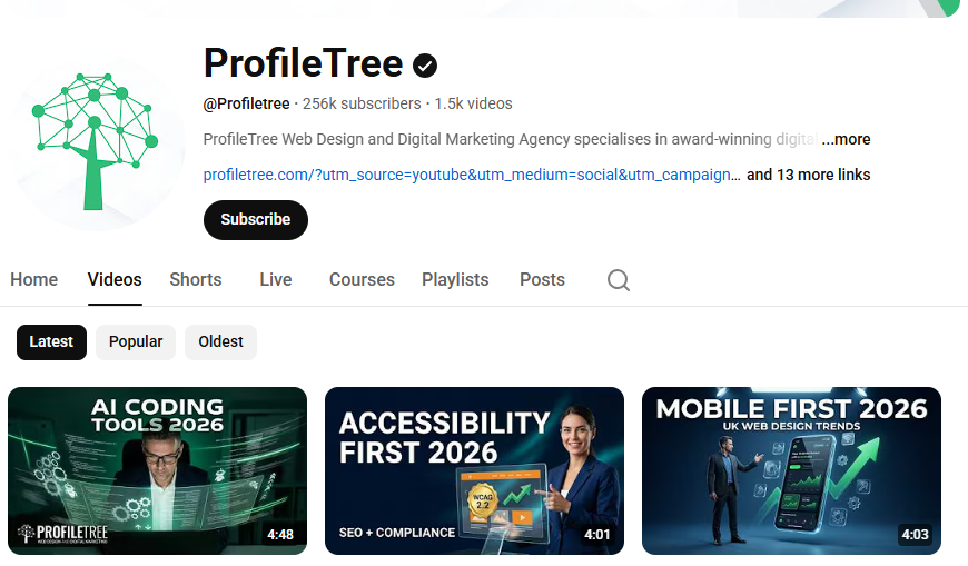 YouTube channel ProfileTree homepage highlighting the Videos tab with three thumbnails: AI Coding Tools 2026, Accessibility First 2026, and Mobile First 2026. The channel, focused on content marketing, boasts 256k subscribers. Content Marketing Services - Video scripts