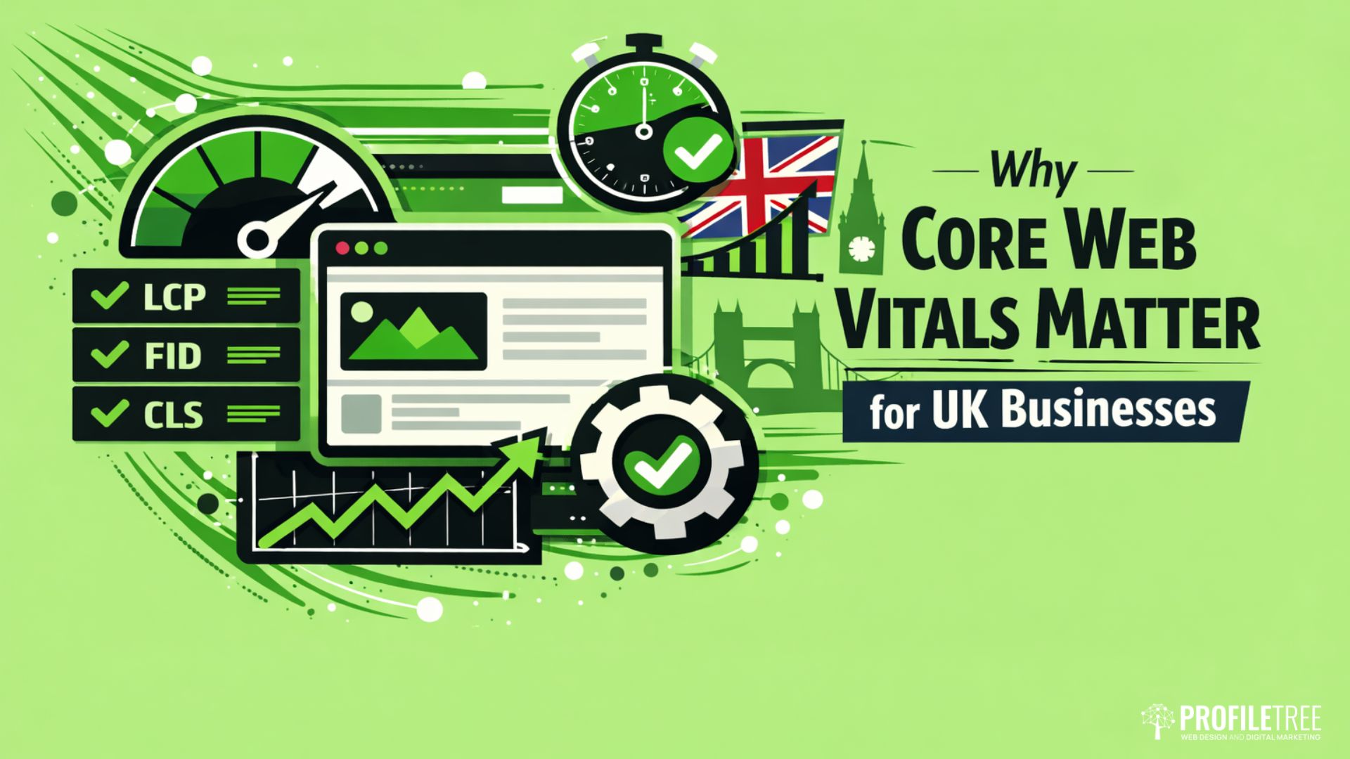 Illustration showing website performance icons, a speedometer, stopwatch, UK flag, London skyline, and text: Why Core Web Vitals Matter for UK Businesses on Google. ProfilTree logo appears in the bottom right corner.