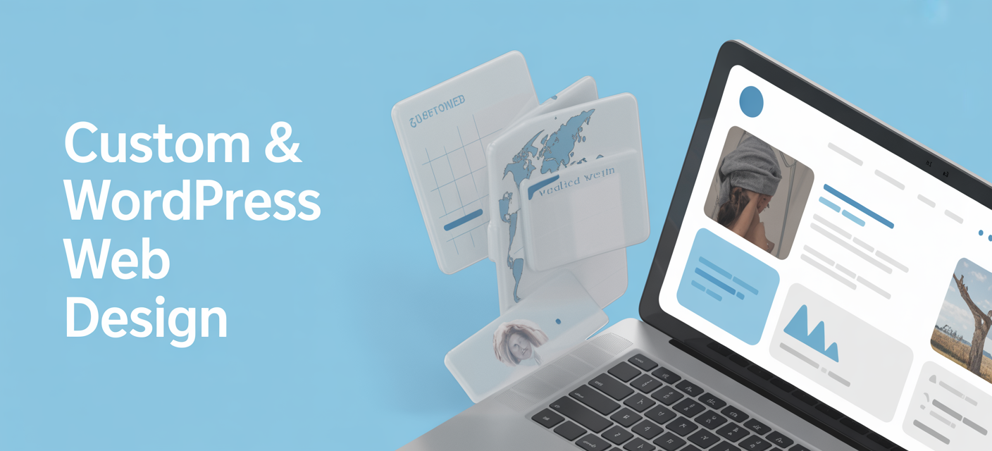 A laptop displays a website mock-up, with floating digital elements like charts, maps, and profile cards on a blue background. Text on the left reads: Custom & WordPress Web Design by a leading website design agency.
