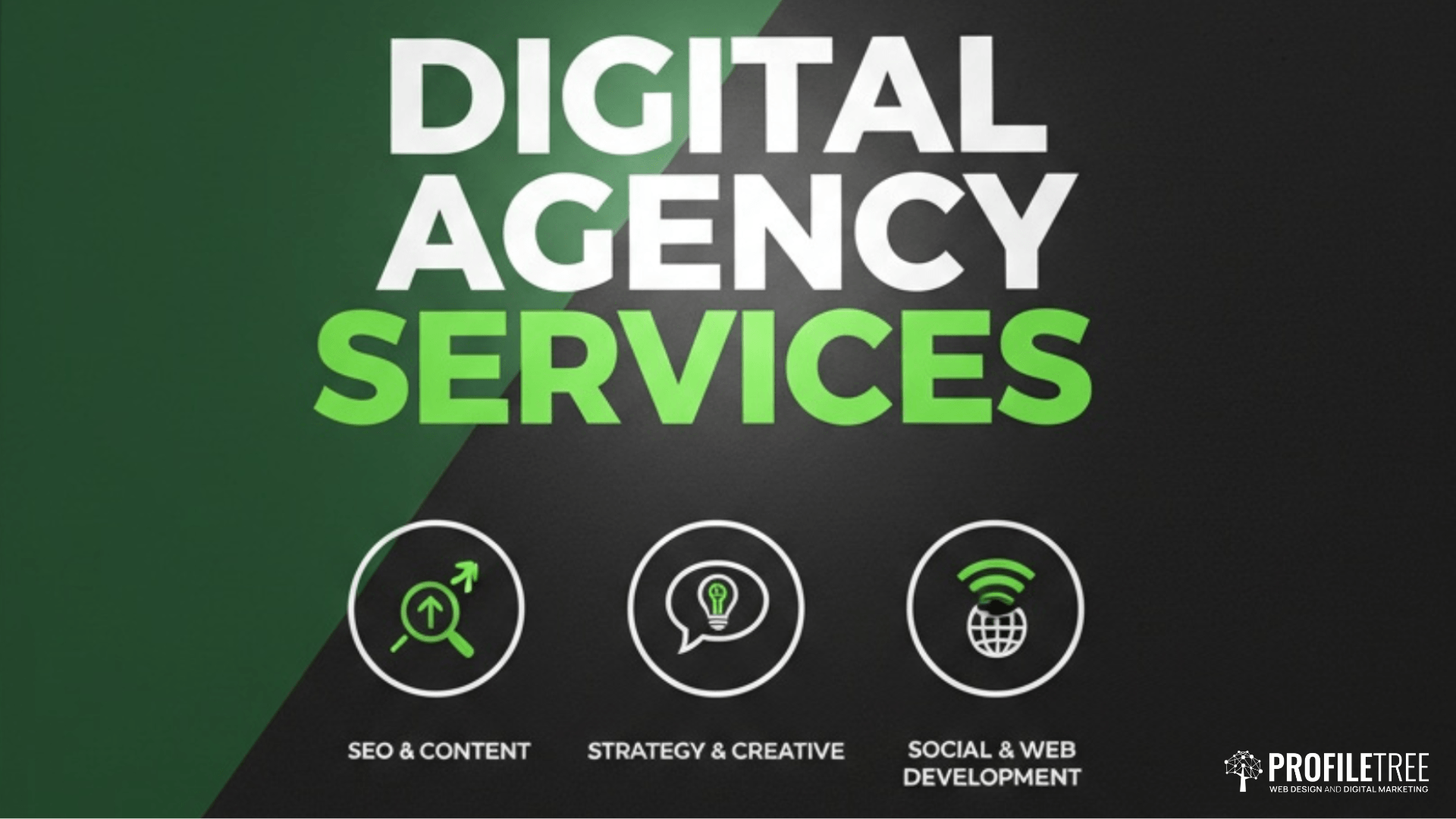 A digital agency services graphic with green and white text highlights core agency services. Three icons below read: SEO & Content, Strategy & Creative, and Social & Web Development. ProfilTree logo is in the bottom right corner.